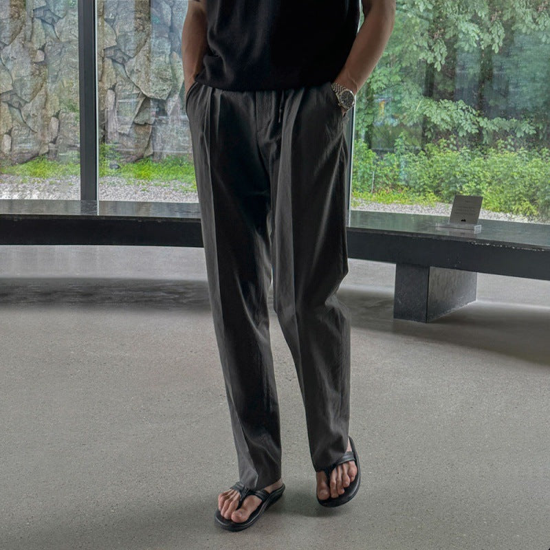 Men's casual pants with straight cut, mid-rise waist, solid color, loose fit, for everyday wear