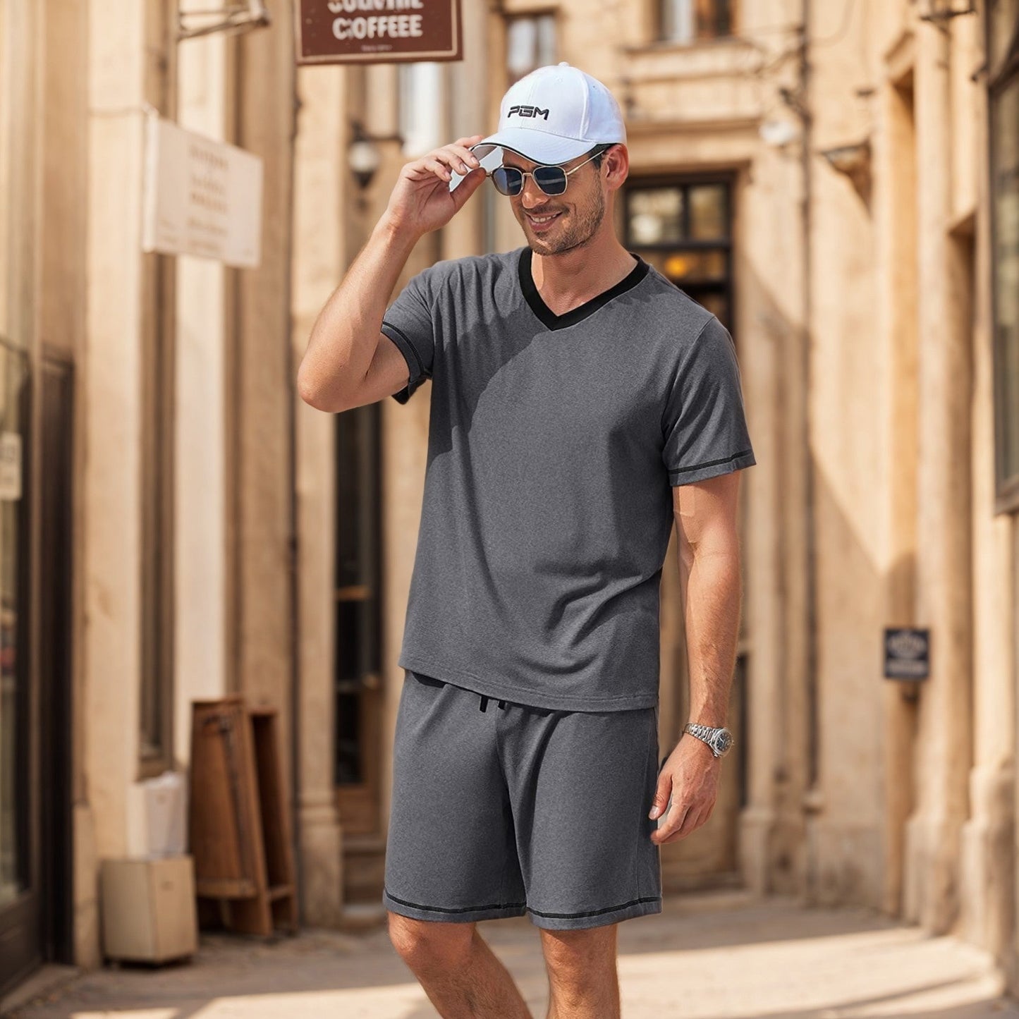 Herren Sommer Kurzarm Zweiteiler Shorts Set Aus Milchseide, Leicht, Verschiedene Farben