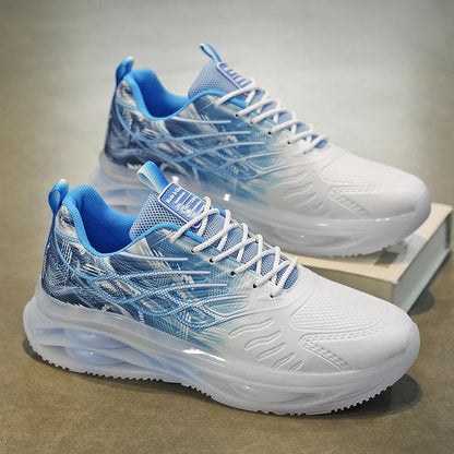 Weiße und blaue Sportschuhe mit modernem Design, atmungsaktivem Mesh-Obermaterial und gepolsterter Sohle, ideal für Laufen und Fitness.
