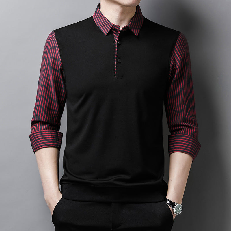 Men's Sweater-Shirt with Striped Sleeves Long Sleeve Straight Fit