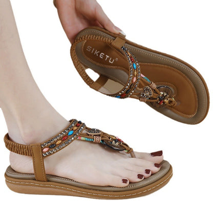 Damen-Sommer-Flip-Flops Mit Strasssteinen, Runder Zehenpartie Und Elastischem Band