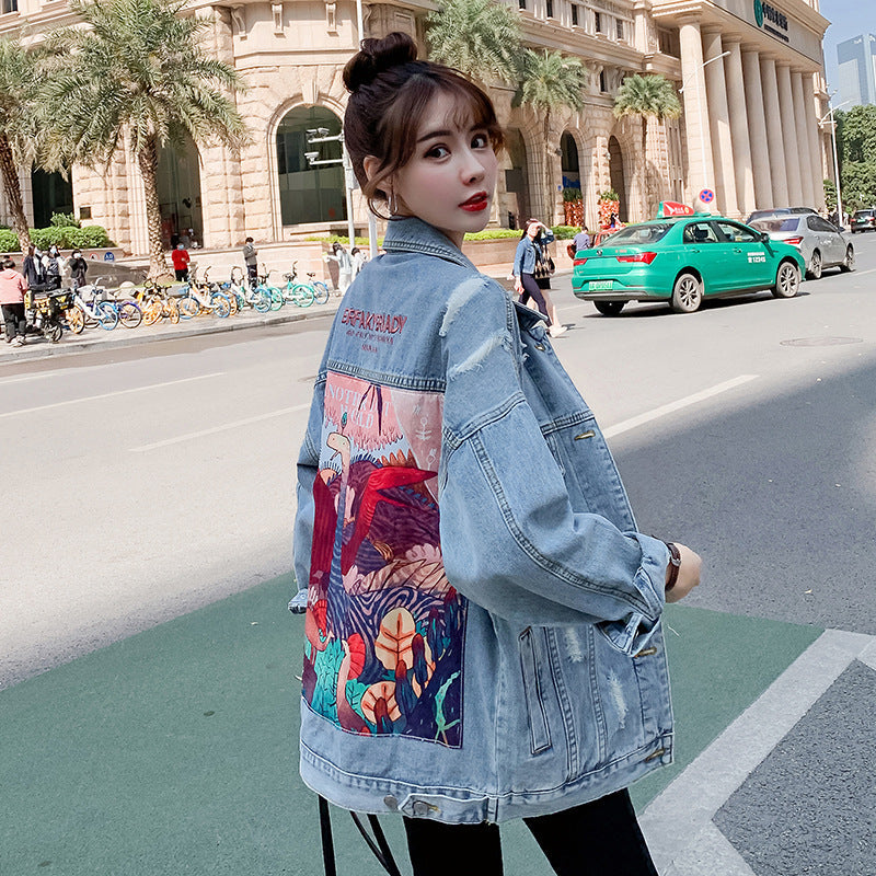 Plus-Size Women's Jacket in Denim Blend with Embroidery and Long Sleeves