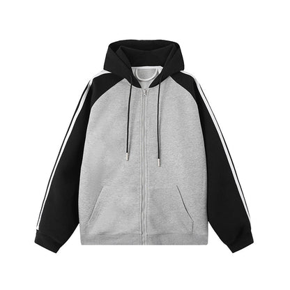 Grauer Kapuzenpullover mit schwarzen Ärmeln und weißen Streifen, Reißverschluss, sportlich, Unisex, ideal für Freizeit und Sportbekleidung.