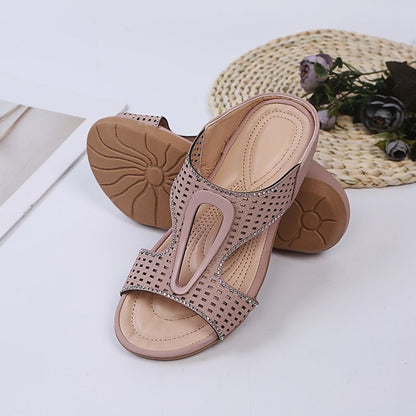 Damen Sommer-Sandalen Mit Fischmaul-Verzierung, Flach, Mit Strasssteinen, Durchbrochen, Zum Hineinschlü