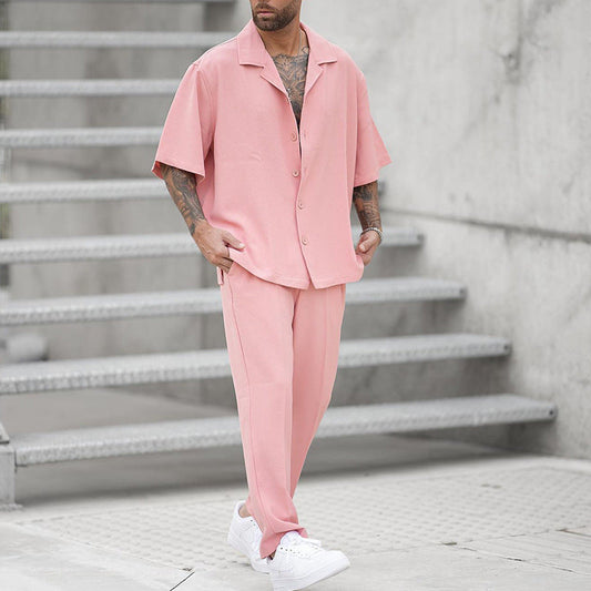 Herren Sommer Zweiteiler Hemd Und Hose, Gewebt, Leicht, Einfarbig, Passendes Outfit, Verschiedene Größen