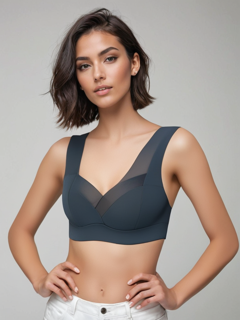 Frau in dunkelgrauem Sport-BH, lächelnd, vor grauem Hintergrund. Moderner, bequemer Damen-Sport-BH, ideal für Fitness und Freizeit.