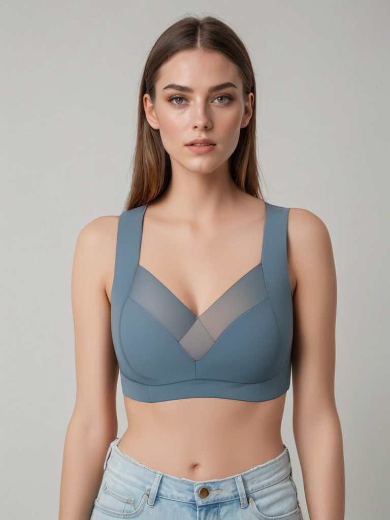 Frau in blauem Sport-BH und Jeans, frontal. Moderner, bequemer Sport-BH für Damen, ideal für Fitness und Freizeit. Mode, Damenbekleidung, Sportmode.