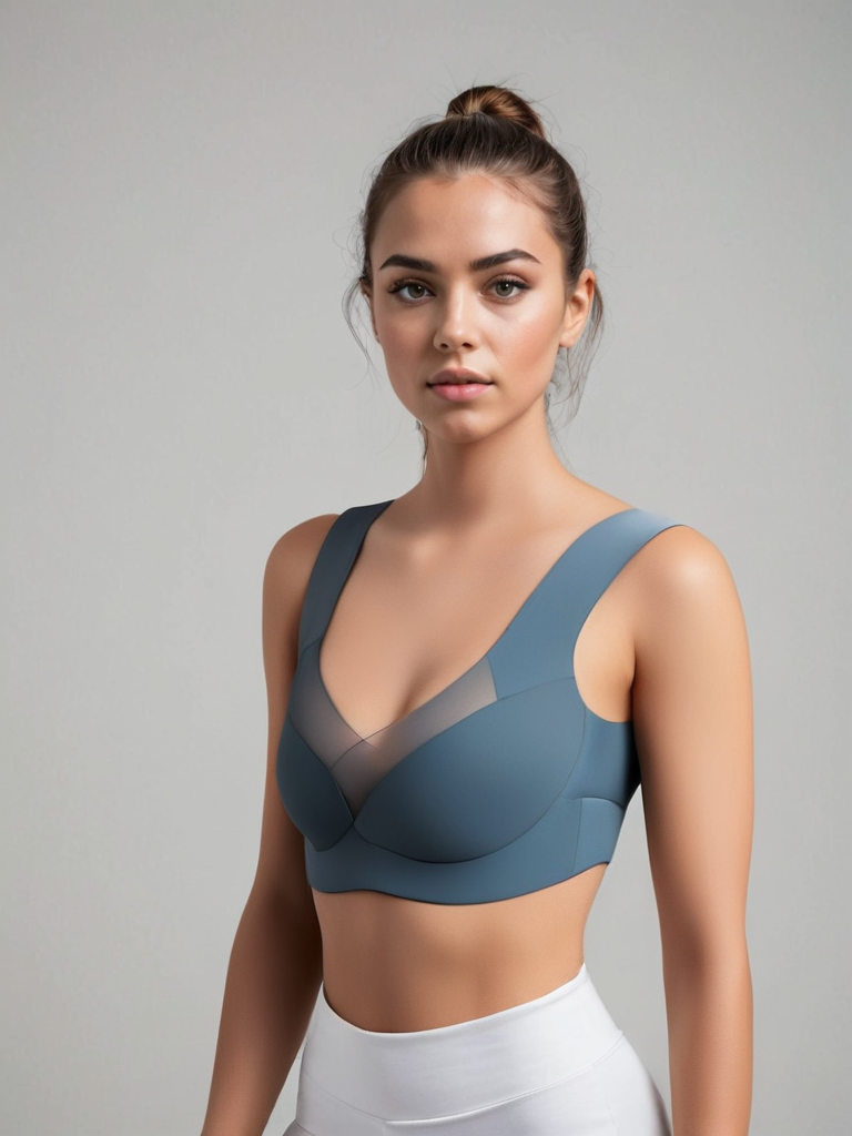 Eine Frau trägt einen blauen Sport-BH mit transparenten Einsätzen und weiße Leggings. Fitnessmode, Sportbekleidung, moderner Look.
