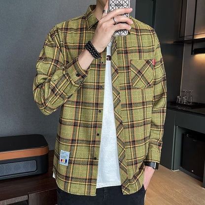 Long-sleeved checked men's shirt for spring with a slim fit
