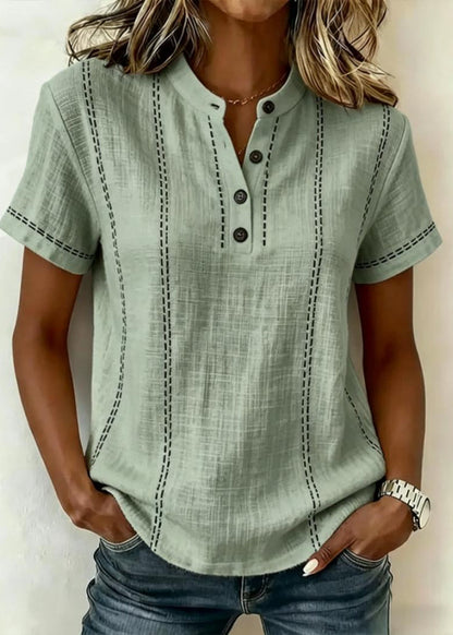 Gestreifte Damenbluse Mit Kurzen Ärmeln, Stehkragen, V-Ausschnitt Und Knopfleiste – Patchwork-Design