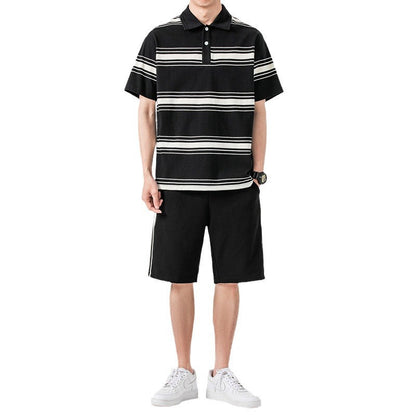 Men's Summer Two-Piece Sports Set Short-Sleeve T-Shirt Mid-Length Shorts Solid Color Outfit Multiple Sizes