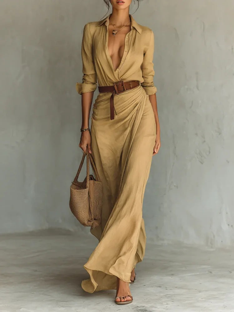 Damen-Herbstkleid Mit Unregelmäßigen Rüschen, Gürtel Und Langen Ärmeln