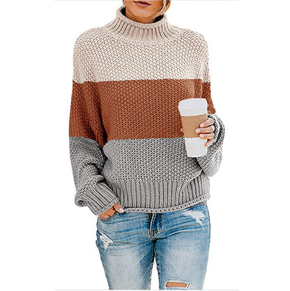 Damenpullover mit hohem Kragen, langen Ärmeln und Colorblock-Strickdesign