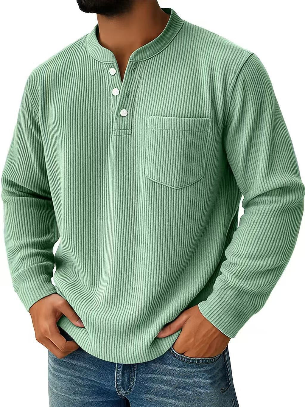 Herren Langarm Henley Shirt mit Drei Knopf Kragen – Strukturierte Oberfläche Normale Passform