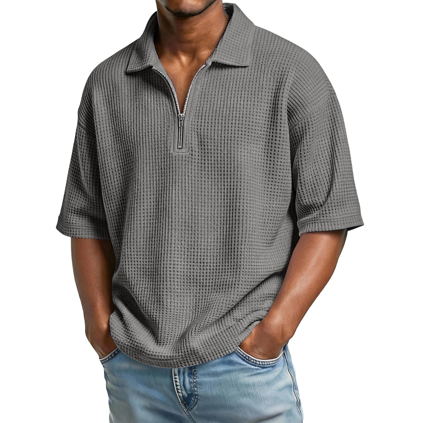Herren Sommer Waffelstrick Poloshirt – Kurzarm Normale Passform