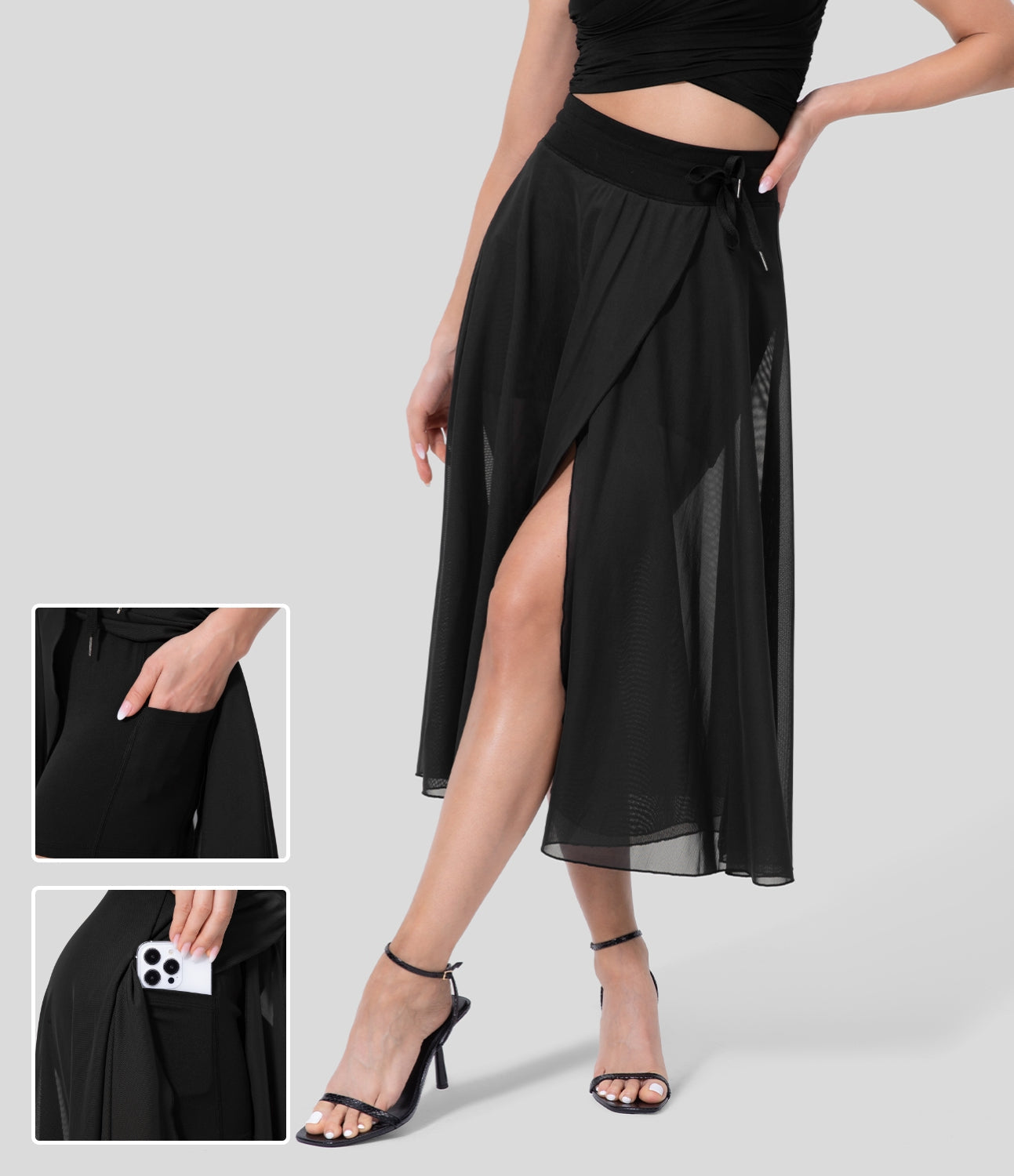 Schwarzer Maxirock mit hohem Schlitz, elastischem Bund und praktischer Handytasche. Elegantes Design, ideal für Sommermode und Freizeitoutfits.