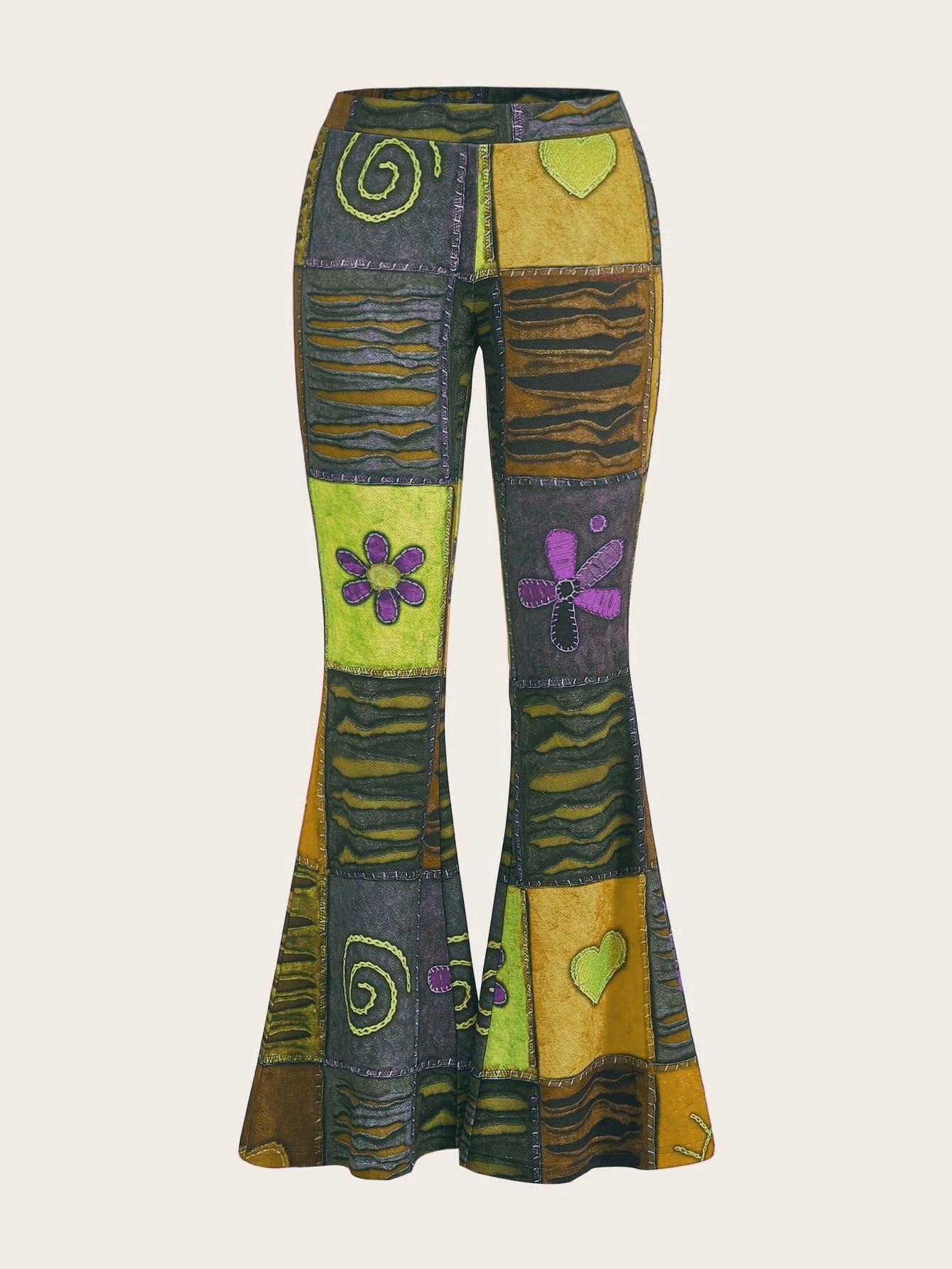 Women's bootcut trousers with print, abstract pattern, mid-rise waistband