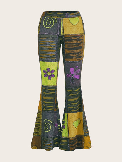 Women's bootcut trousers with print, abstract pattern, mid-rise waistband