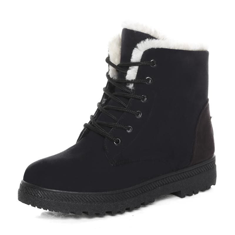 Women's Winter Snow Boots with Front Lacing and Flat Low Heel