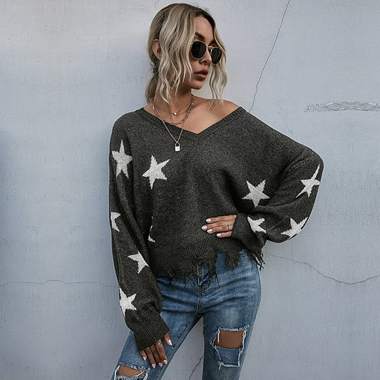 Damen Strickpullover mit Quasten-Details und Sternenmuster