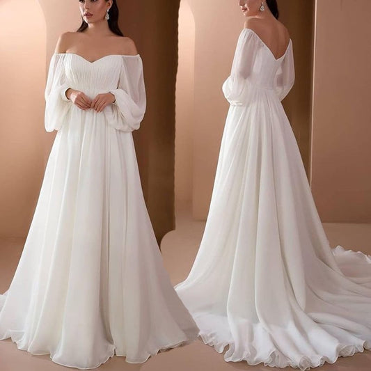 Brautkleid mit langen Ärmeln und herzförmigem Ausschnitt, fließender Chiffon-Stoff, elegantes Design, ideal für Hochzeiten, romantischer Stil.