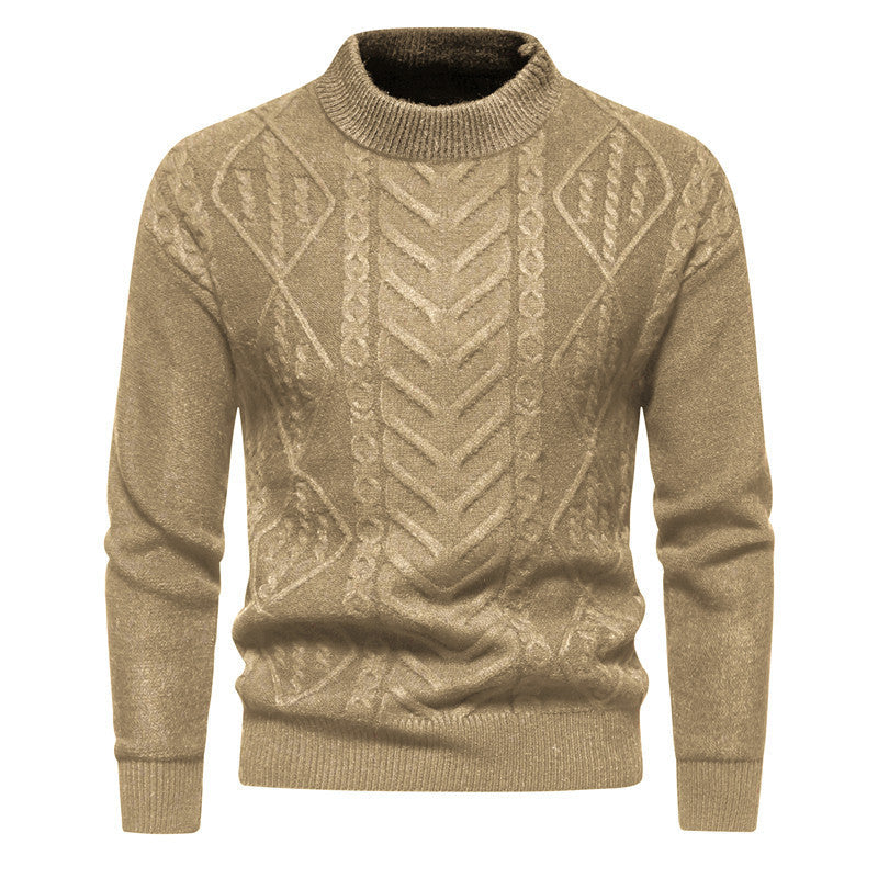 Beiger Strickpullover mit Zopfmuster, Rundhalsausschnitt und langen Ärmeln. Modischer Herrenpullover, ideal für Herbst und Winter.