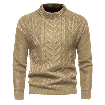 Beiger Strickpullover mit Zopfmuster, Rundhalsausschnitt und langen Ärmeln. Modischer Herrenpullover, ideal für Herbst und Winter.