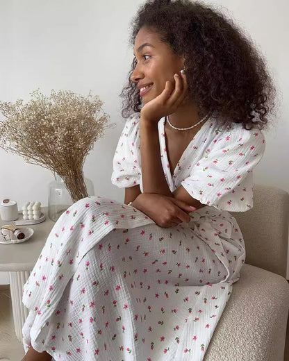 Sommerkleid Für Damen Mit V-Ausschnitt, Floralem Muster, Schnürung, Hoher Taille Und Kurzen Ärmeln