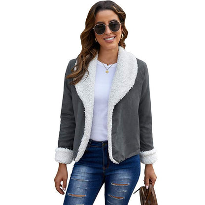 Women's autumn jacket made of faux suede with long sleeves and solid color design
