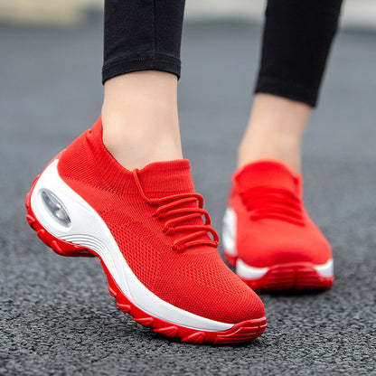 Women's Athletic Shoes with Flying Knitted Upper, Round Toe, Medium Heel, and Waterproof Platform Sole