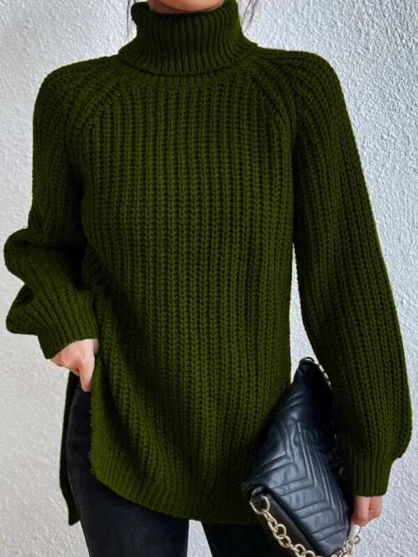 Women's Turtleneck Sweater with Raglan Sleeves and Slit Hem – Cotton Blend
