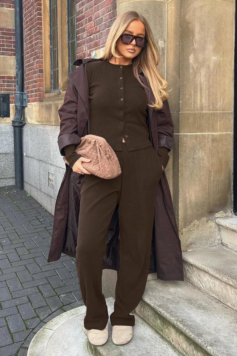Damen Rippstrick Zweiteiler Mit Cardigan