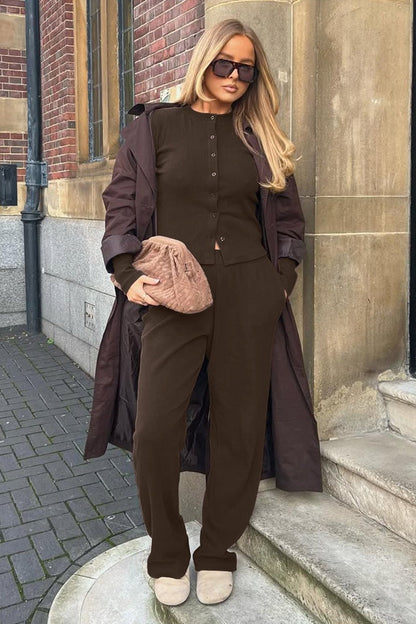 Damen Rippstrick Zweiteiler Mit Cardigan