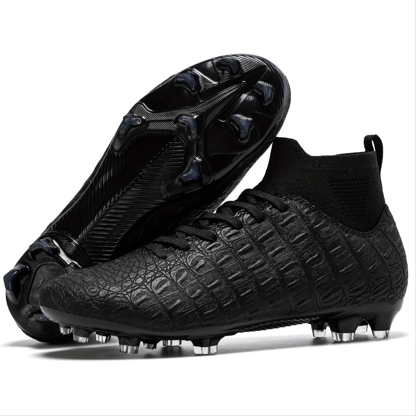 Schwarze Fußballschuhe mit Stollen, modernes Design, strukturierte Oberfläche, ideal für Rasenplätze, sportliche Performance, Herren-Fußballschuhe.