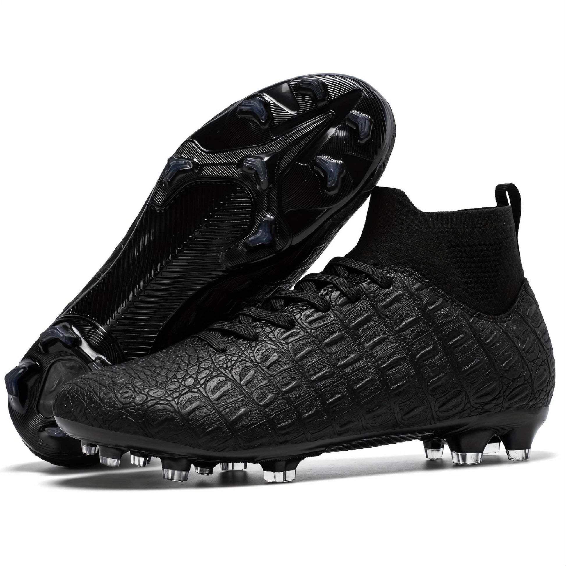 Schwarze Fußballschuhe mit Stollen, modernes Design, strukturierte Oberfläche, ideal für Rasenplätze, sportliche Performance, Herren-Fußballschuhe.