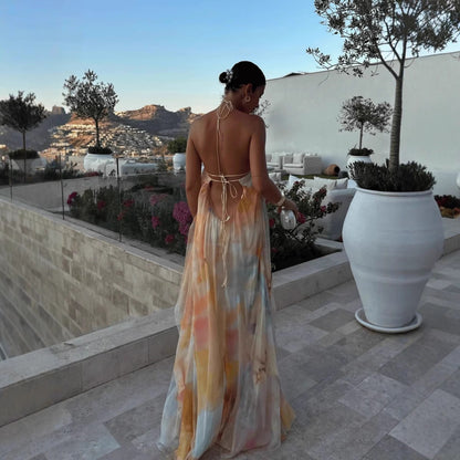 Women's Summer Maxi Dress with Print, Halter Neck, Sleeveless, Backless, Loose Fit