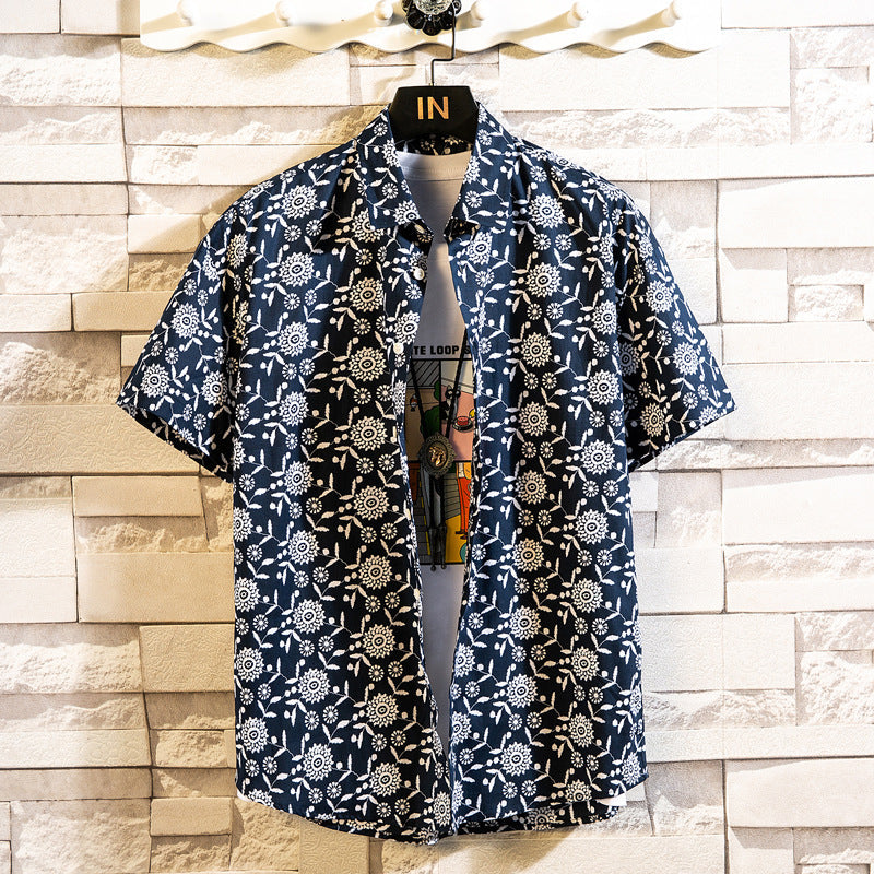 Herren Sommerhemd Mit Blumenmuster, Kurzarm, Reverskragen, Schmaler Passform, Cardigan-Stil, Mehrfarbig