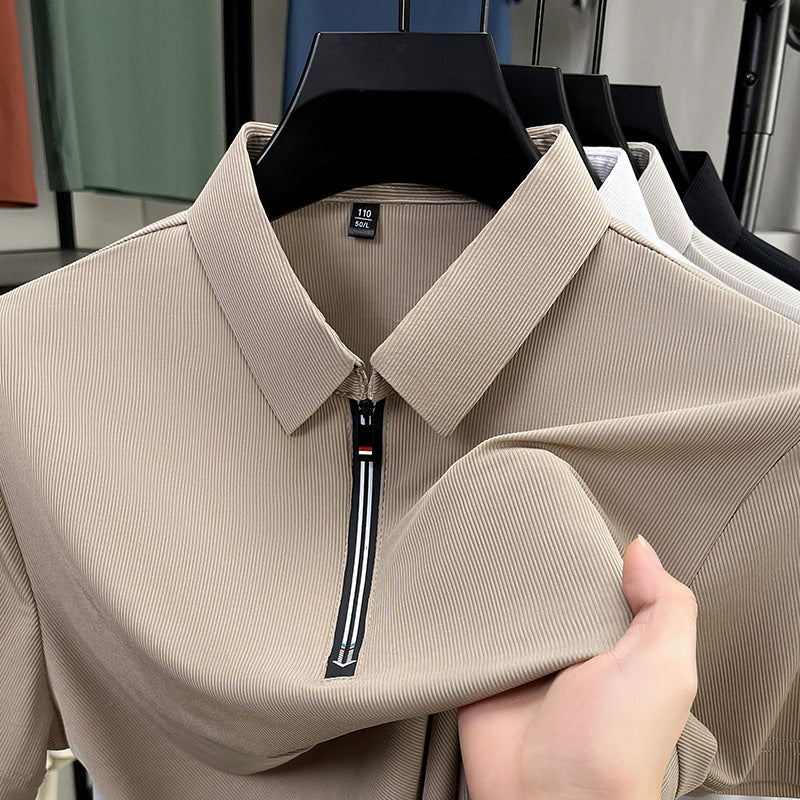 Herren Sommer Eisseide Halbreißverschluss Kurzarm Slim Fit Business Polohemd Stretch Unifarben