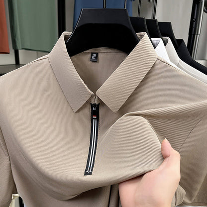 Herren Sommer Eisseide Halbreißverschluss Kurzarm Slim Fit Business Polohemd Stretch Unifarben