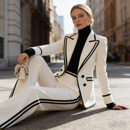 Damen-Set: Langärmliger, Zweireihiger Blazer Und Lange Hose – Farbblock-Design