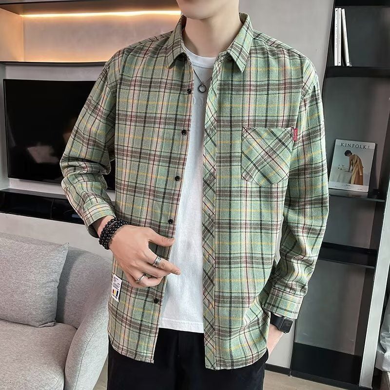 Long-sleeved checked men's shirt for spring with a slim fit