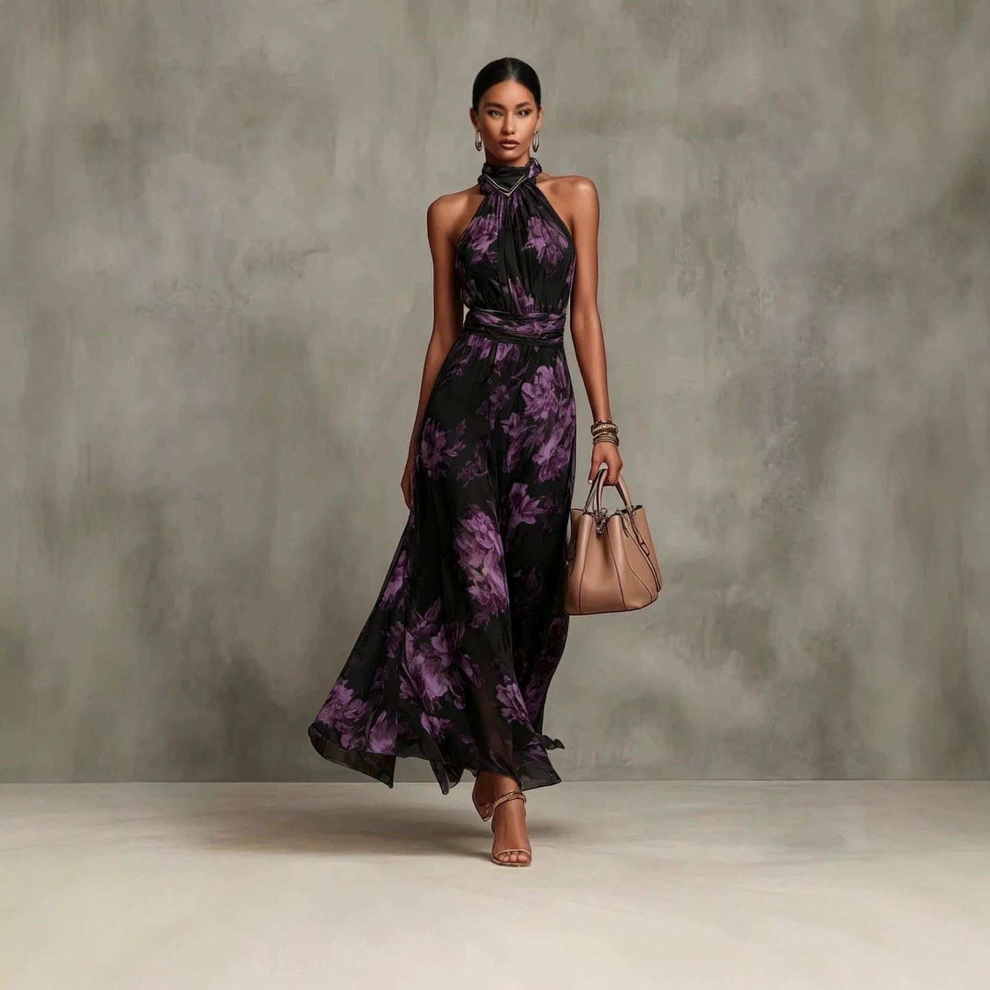 Ärmelloses, Bedrucktes Neckholder-Maxikleid Für Damen Mit Hohem Bund – Chiffon-Stil