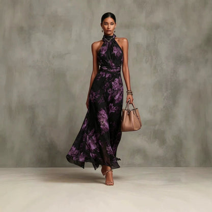 Ärmelloses, Bedrucktes Neckholder-Maxikleid Für Damen Mit Hohem Bund – Chiffon-Stil