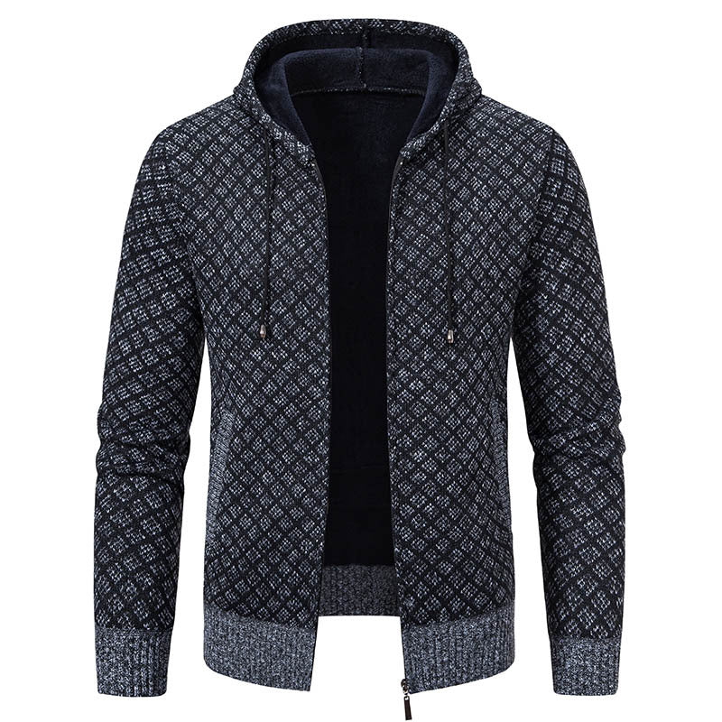 Dunkelblauer Herren-Hoodie mit Reißverschluss, geometrischem Muster und Kapuze. Modischer Freizeitpullover, ideal für Herbst und Winter.