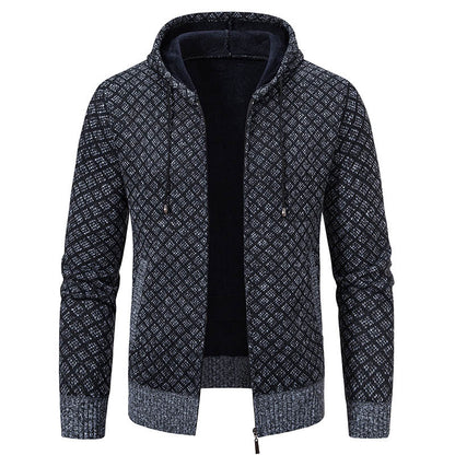 Dunkelblauer Herren-Hoodie mit Reißverschluss, geometrischem Muster und Kapuze. Modischer Freizeitpullover, ideal für Herbst und Winter.