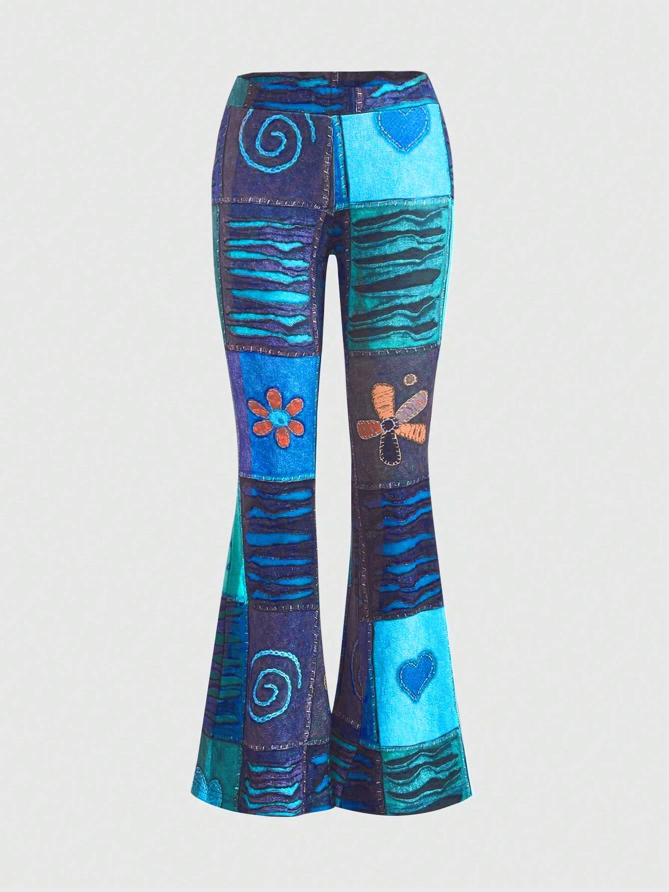 Women's bootcut trousers with print, abstract pattern, mid-rise waistband