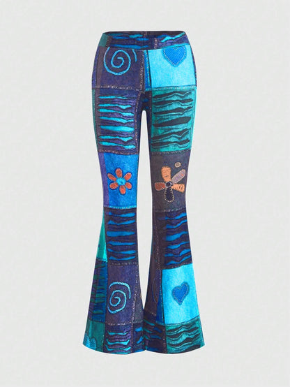 Women's bootcut trousers with print, abstract pattern, mid-rise waistband
