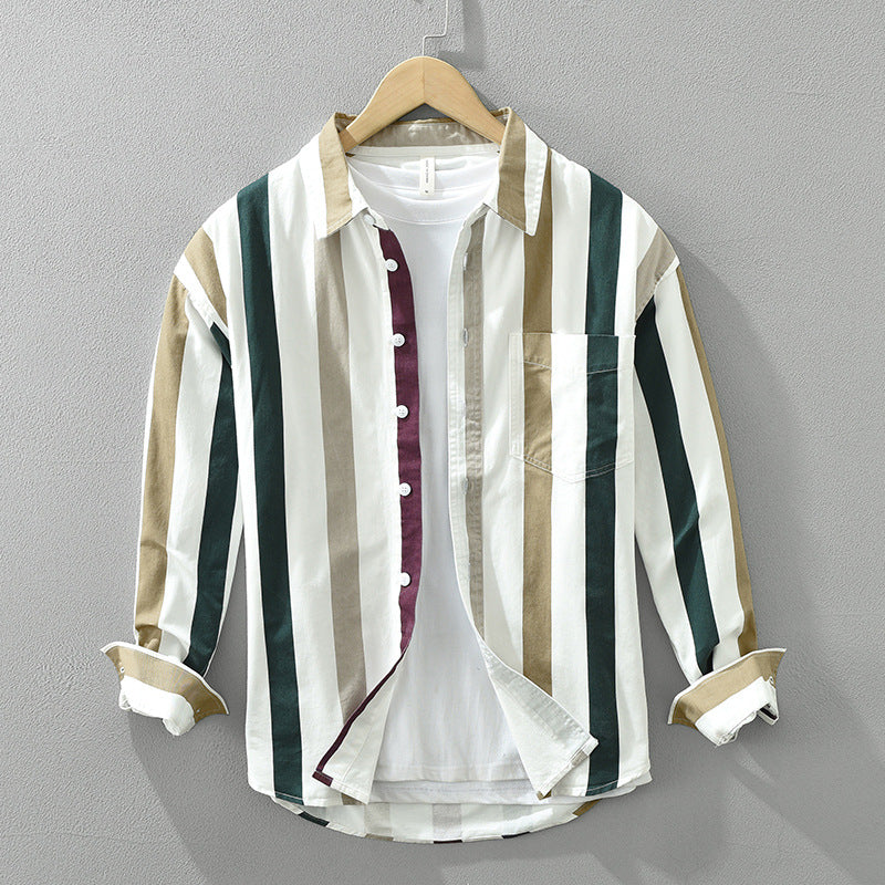 Men's Long-Sleeve Shirt Striped Loose Fit Square Collar
