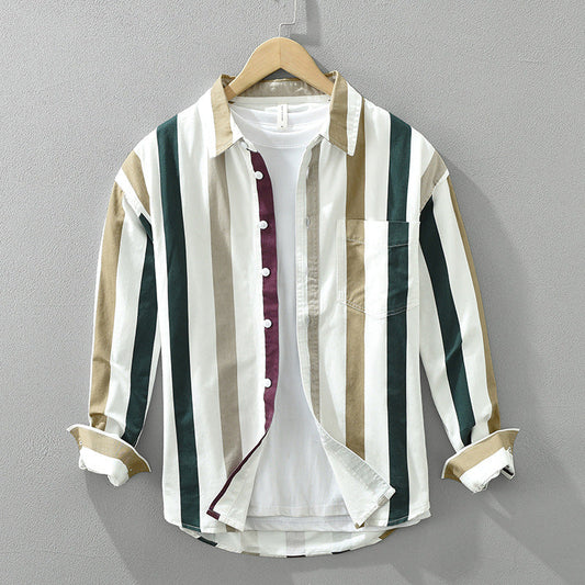 Men's Long-Sleeve Shirt Striped Loose Fit Square Collar