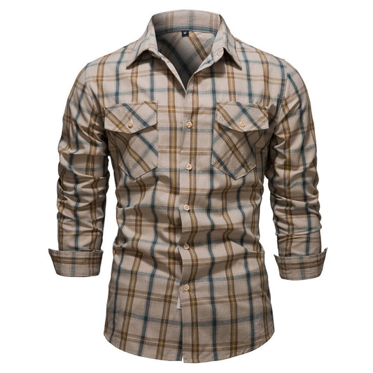 Herren-Langarmhemd mit kariertem Kragen und Taschendetails